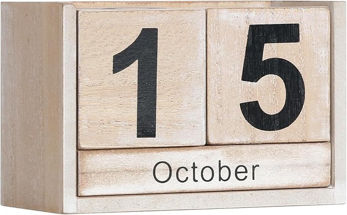Wooden Block Calendar for Desk, Small Size Daily Desktop Perpetual Desk Calendar, Cute Date Display Desk Accessories for Home Office Decor, Teacher, Classroom, Reusable Yearly, Grey Beige