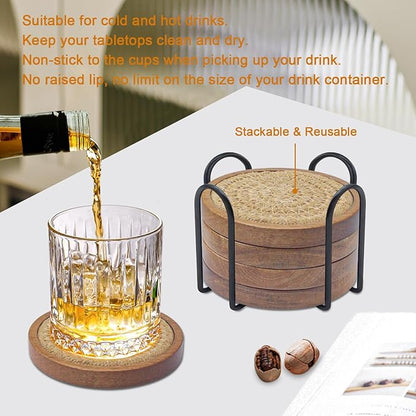 Coasters for Drinks Absorbent Sets of 5, Woven Coasters with Holder, Housewarming Gift for Farmhouse Home Decor, 4 inches