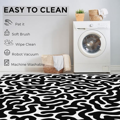 3x4 Black Abstract Line Rugs for Bedroom Decor, Washable Abstract Maze Pattern Area Rug, Living Room Home Decoration, Non Slip Soft Thin, Black and White Decor Carpet PF-P 56