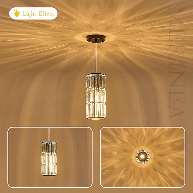 Black Pendant Lighting, Modern Crystal Mini Pendant Light Fixture, Adjustable 3-Pack Chandeliers for Kitchen Island, Dining Room, Bedroom