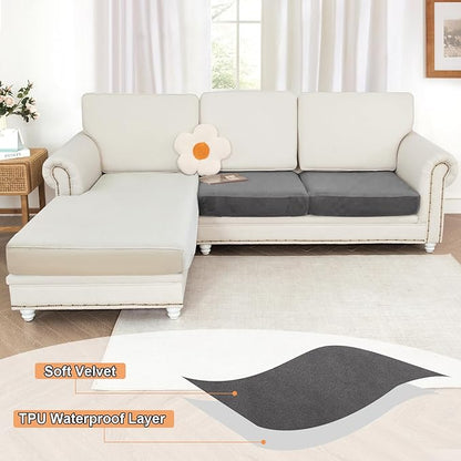 NAISI Waterproof Couch Cushion Covers Thick Velvet Fabric Washable Sofa Slipcovers 2 Pieces Individual Sectional Couch Covers with Elastic Bottom(2 Pcs for 2-Seat or Backrest,Grey)
