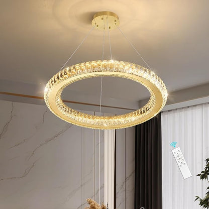 LED Chandelier Modern Dimmable Dining Room Chanderliers Entryway Crystal Ring Pendant Lights for Kitchen Bedroom Living Room Gold Light