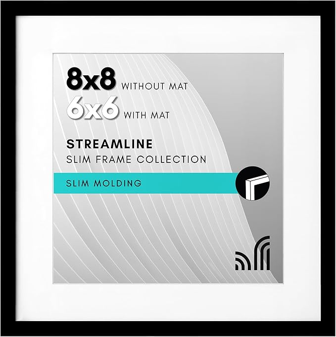 Americanflat 8x8 Picture Frame with Shatter-Resistant Glass - Use as 6x6 Frame with Mat or Display 8x8 Photo Without Mat - Streamline Collection - Square Frames for Tabletop or Wall - Black