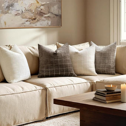 MIULEE Decorative Chenille Check Euro Shams Throw Pillow Covers Vintage Plaid Couch Pillows 24x24 Inch Set of 2 Neutral Boho Farmhouse Cushion Covers Spring Decor for Sofa Bed Living Room Beige
