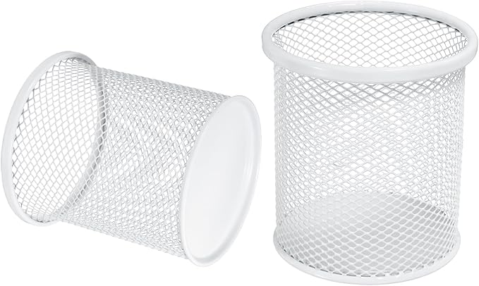 uxcell 2Pcs Mesh Pencil Holder, Metal Pen Cup Desk Organizer Makeup Brush Cup Holder for Home, Office, Classroom(White)