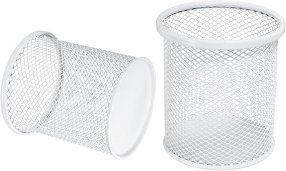uxcell 2Pcs Mesh Pencil Holder, Metal Pen Cup Desk Organizer Makeup Brush Cup Holder for Home, Office, Classroom(White)