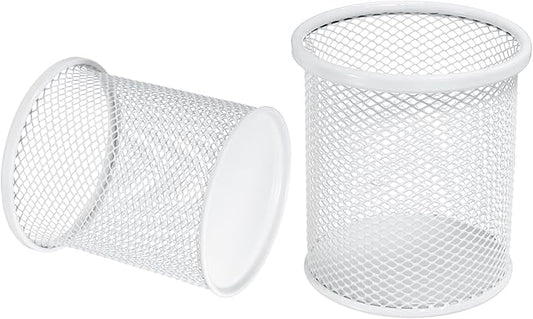 uxcell 2Pcs Mesh Pencil Holder, Metal Pen Cup Desk Organizer Makeup Brush Cup Holder for Home, Office, Classroom(White)