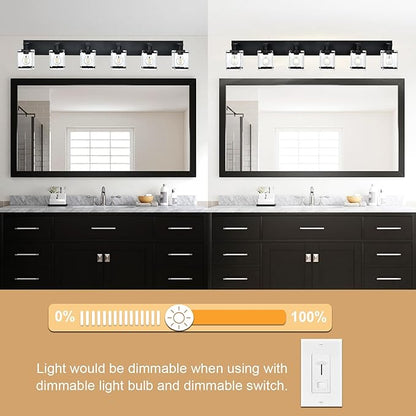 6-Light Bathroom Light Fixture Black Finish, Modern Vanity Lighting with Rectangular Clear Glass for Over Mirror Kitchen E26 Bulb Base