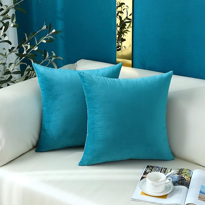 mixeoo Comfy Dark Turquoise Decorative Throw Pillow Covers Square Velvet Super Soft Cushion Cases Home Decor for Living Room, Set of 2, 16 x 16 Inch