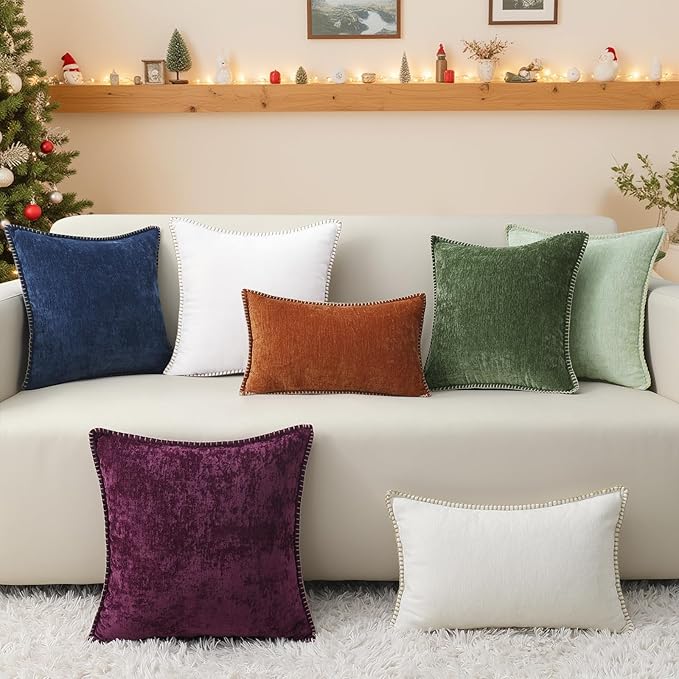 decorUhome Spring Chenille Soft Throw Pillow Covers 26x26 Set of 2, Farmhouse Velvet Neutral Decorative Euro Sham Pillow Covers with Stitched Edge for Couch Sofa Bed Home Decor, Rhododendron