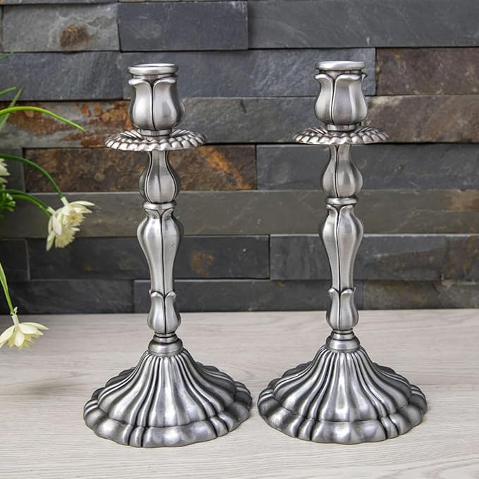 Taper Candle Holders, Vintage Embossed Candlesticks with Sleek Electroplated Finish, Modern Decorative Candle Holders for Dining Table, Party, Home Decor, Set of 2 (Antique Pewter)