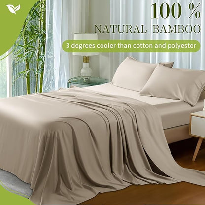 Shilucheng 100% Viscose Derived from Bamboo_ Sheets King Size 4pcs - Ultra Cooling & Silky Soft Bed Sheets, 16" Deep Pocket, Perfect for Hot Sleepers, Hotel Bedding Sheets (Simply Taupe)