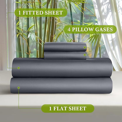 Shilucheng 100% Viscose Derived from Bamboo_ Sheets King Size 6pcs - Ultra Cooling & Silky Soft Bed Sheets, 16" Deep Pocket, Perfect for Hot Sleepers, Hotel Bedding Sheets (Dark Grey)