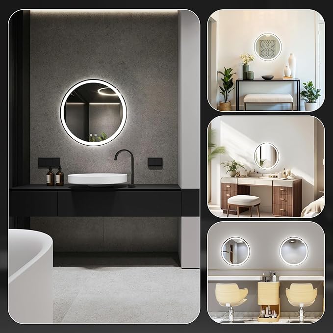 Sweetcrispy 28 Inch Round LED Bathroom Mirror with Lights, Circle Vanity Mirror with Anti-Fog, Dimmable, 3-Color Light, Memory Function, Tempered Glass