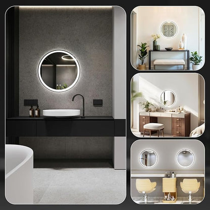 Sweetcrispy 28 Inch Round LED Bathroom Mirror with Lights, Circle Vanity Mirror with Anti-Fog, Dimmable, 3-Color Light, Memory Function, Tempered Glass