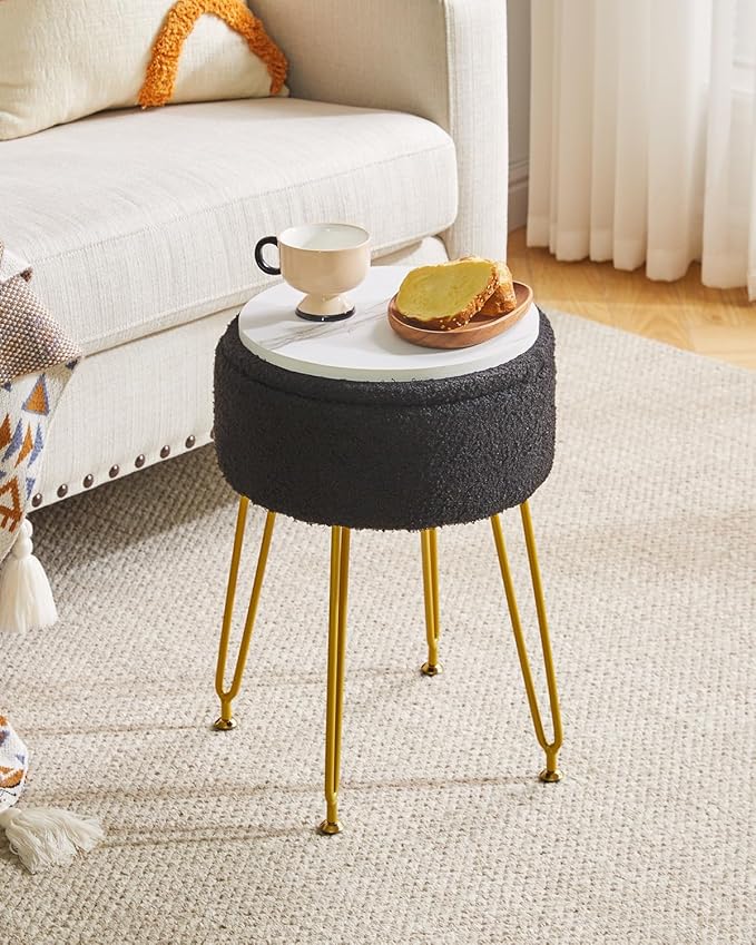 IBUYKE Teddy Velvet Storage Footrest Stool Ottoman, Makeup Vanity Stool Side Table with Removable Cover, Golden Steel Legs, Coffee Table Top Cover, Black WBD010B