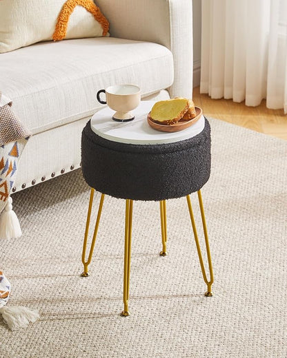 IBUYKE Teddy Velvet Storage Footrest Stool Ottoman, Makeup Vanity Stool Side Table with Removable Cover, Golden Steel Legs, Coffee Table Top Cover, Black WBD010B