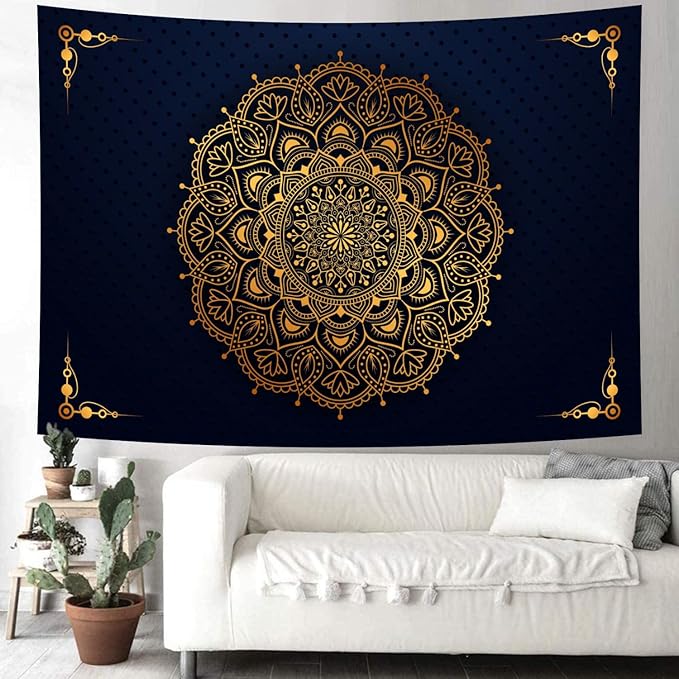 Delur Mandala Tapestry Aesthetic Boho Gold Floral Medallion Tapestry Wall Hanging Bohemian Wall Art Indian Hippie Psychedelic Headboard for Bedroom Living Room Home Decor (51.2" x 59.1")