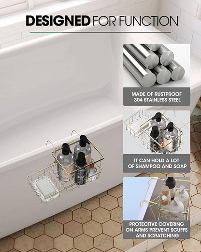 Rustproof Hanging Shower Caddy for Bathtub, Stainless Steel Shower Caddy for Tub Side, Hanging Shower Organizer Basket for Shampoo, Conditioner, Soap & Bath Accessories, Easy Install, Bronze Gold