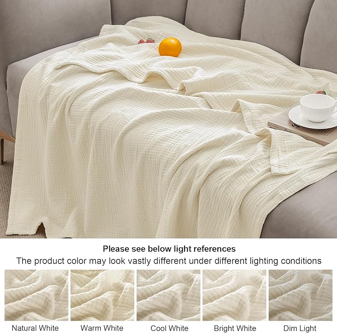 PHF 100% Cotton Muslin Blanket Queen Size 90"x90", 4-Layer Lightweight Gauze Throw, Breathable Cloud-Soft Minimalist Blanket for Bed, Couch, Camping & Baby, Birch, Ideal Gift