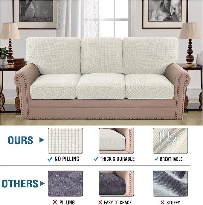 H.VERSAILTEX Multi-Pieces Sofa Covers for Three Cushion Couch Sofa High Stretch Seat Cover Jacquard Textured Twill Fabric(3 Seat Cover Plus 3 Back Cushion Covers, Ivory)