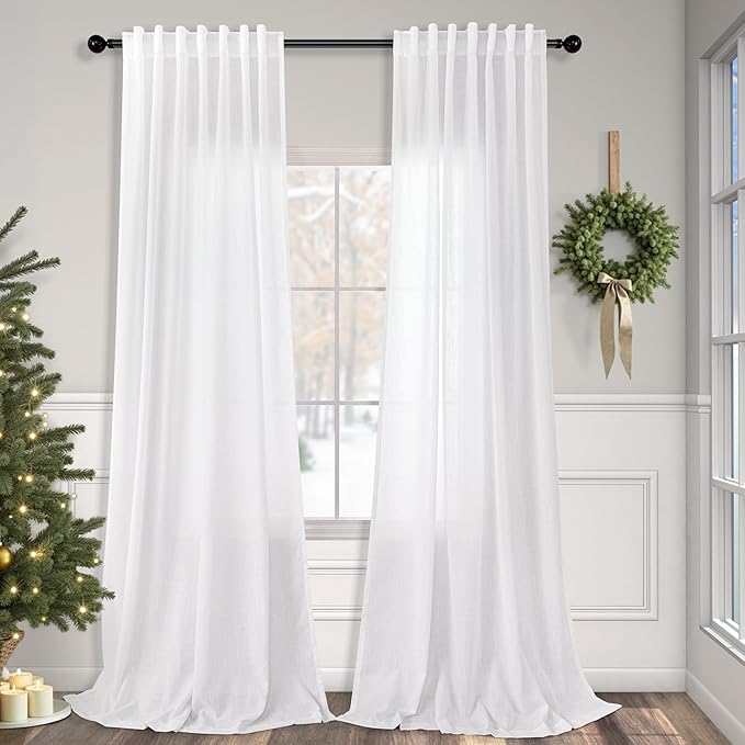 Pitalk White Linen Sheer Drape 104 Inch Curtains for Living Room Custom Curtains 2 Panels Set Back Tab Pleated Modern Farmhouse Light Filtering Ceiling to Floor for Large Window 52 x 104 Long Curtain