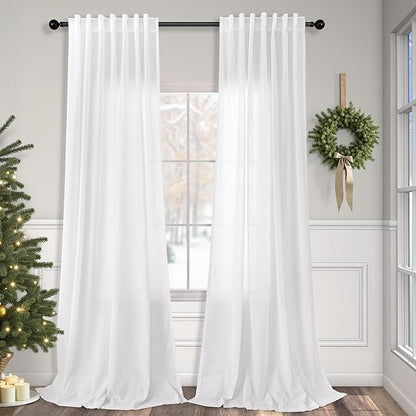 102 Inch Curtains White Linen Drapes for Bedroom 2 Panels Set Back Tab Loop Pocket Cotton Textured Lace Look Semi Sheer Light Filter Curtains for Living Room Bay Window Vintage Farmhouse Decor 52x102