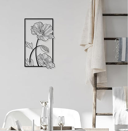 Therwen 3 Pcs Black Metal Wall Art Minimalist Wall Decor for Bedroom Flowers Decor Hanging Flower Bathroom Art Flower Line Sculpture Kitchen Decoration 16.5 x 9.8 Inch