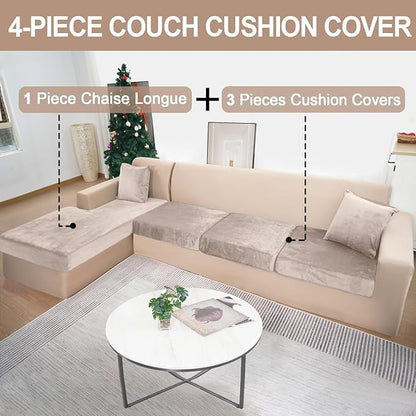 Sectional Couch Covers for 4-Piece Seat Cushion Velvet Separate L Shape Couch Cover Stretch Sofa Slipcover with 2 Pieces Pillowcases Furniture Protector (Sofa 3 Seater + 1 Chaise, Tan)