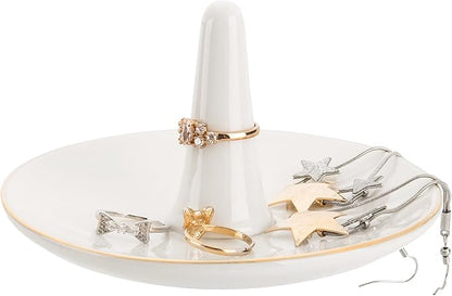 MyGift White Ceramic Ring Dish Holder, Jewelry Engagement Ring Holder, Trinket Tray with Gold Trim