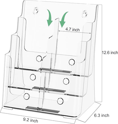 zavekia 2 Pack 3 Tier Acrylic Brochure Holder 8.5 x 11 inch, Clear Literature Organizer Magazine Stand with Removable Divider for 4 x 9 inch Brochures,Magazine Holder,Flyer Holder