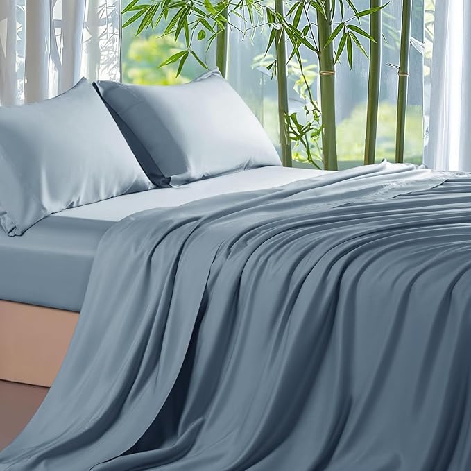 Shilucheng 100% Viscose Derived from Bamboo Cal King Size 4pcs Ultra Cooling & Silky Soft Bed Sheets, 16" Deep Pocket, Perfect for Hot Sleepers, Hotel Bedding Sheets (French Blue)