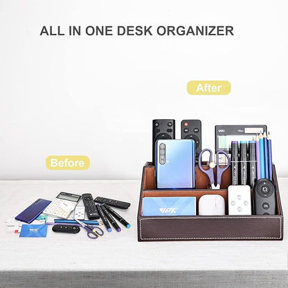 KINGFOM Pu Leather Desk Organizer with 5 Compartments Holder, Multi-Functional Office Supplies Storage Caddy for Pen/Pencil, Phones, Remote Controller and Desktop Accessorie Brown