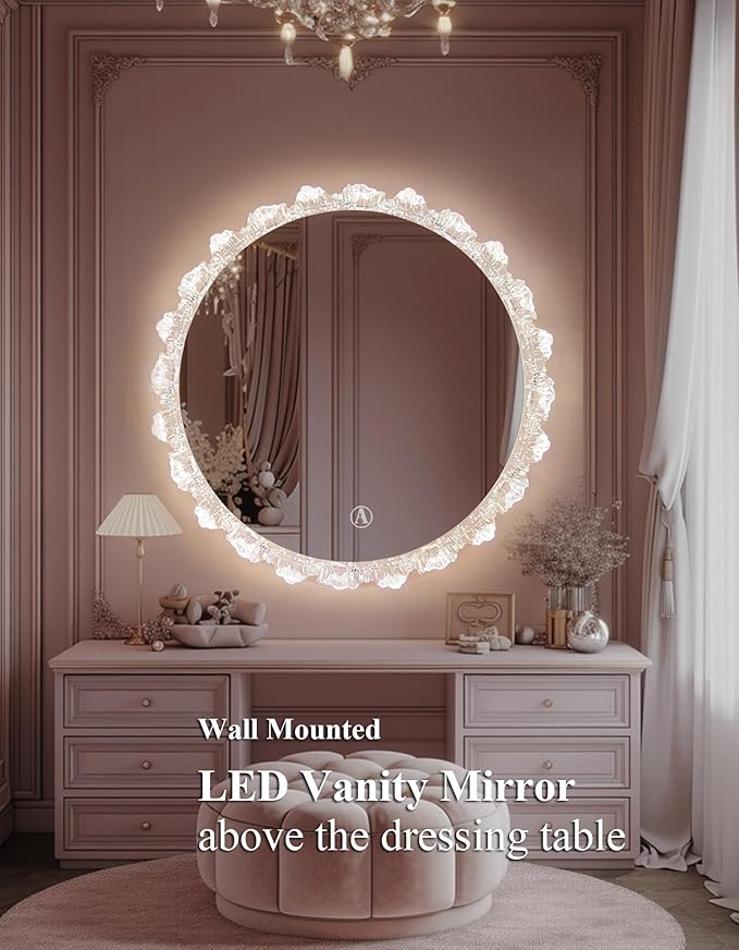 Crystal LED Vanity Mirror with Touch Control 3 Color Lights, Dimming 360° Rotation Elegant Luxury Wall Mounted HD Decorative Mirror(Wall Mounted Mirror-50cm)