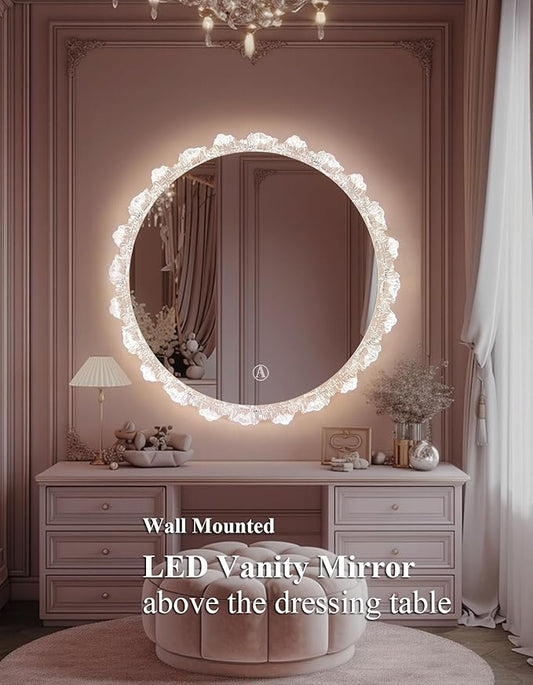 Crystal LED Vanity Mirror with Touch Control 3 Color Lights, Dimming 360° Rotation Elegant Luxury Wall Mounted HD Decorative Mirror(Wall Mounted Mirror-50cm)