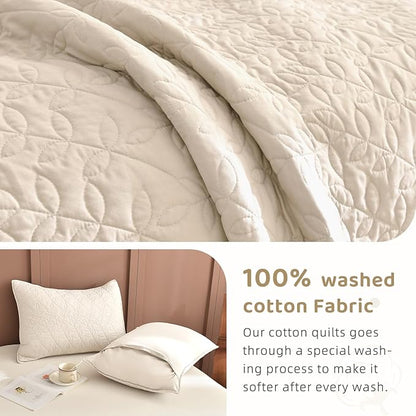 Sanracie Oversized Queen Quilt Bedspread Set 102"*118", 100% Cotton Coverlet Queen Size Wheat Colored Super Soft and Cozy Extra Large Cloud Leaves Quilting Bed Quilts for All Season