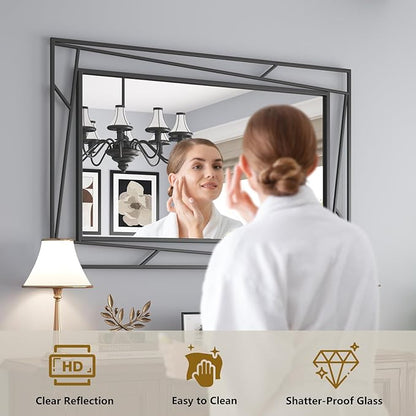 Rectangular Wall Mirror, 48''X24'' Matte Black Metal Framed Farmhouse Bathroom Mirrors for Bedroom Entryway Living Room, Hang Horizontally or Vertically