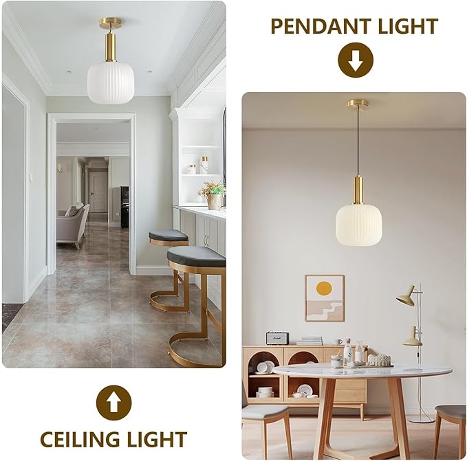 KCO Lighting Milk Glass Pendant Light White Ribbed Glass Pendant Lighting Antique Brass Pendant Lights Small White and Gold Pendant Light Fixture Modern Globe Hanging Lamp