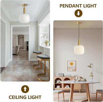 KCO Lighting Milk Glass Pendant Light White Ribbed Glass Pendant Lighting Antique Brass Pendant Lights Small White and Gold Pendant Light Fixture Modern Globe Hanging Lamp