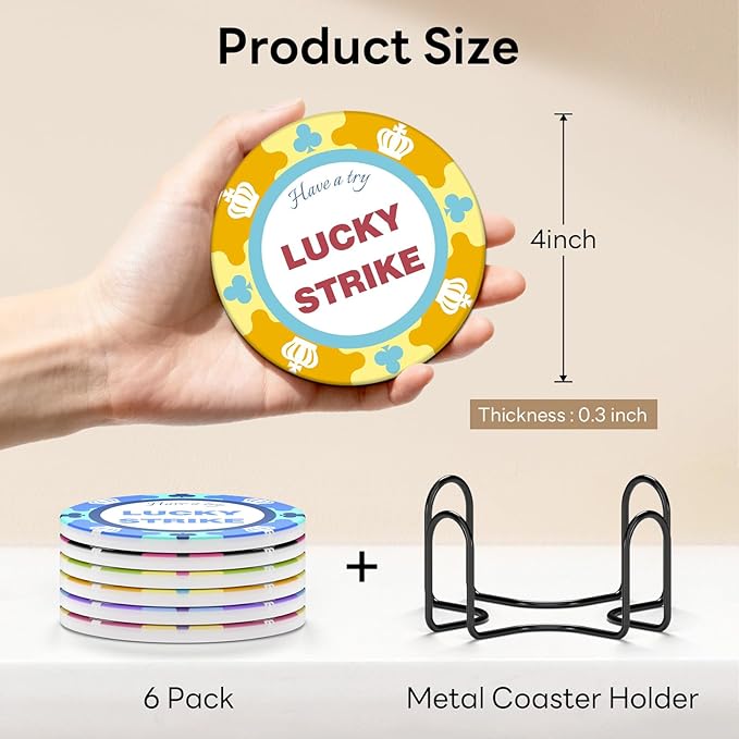 6-Piece Ceramic Coaster Set with Tray Diameter: 3.94 in Thickened Absorbent Material Heat-Resistant and Water-Absorbent Coaster Set Suitable for All Types of Cups， Lucky Alphabet