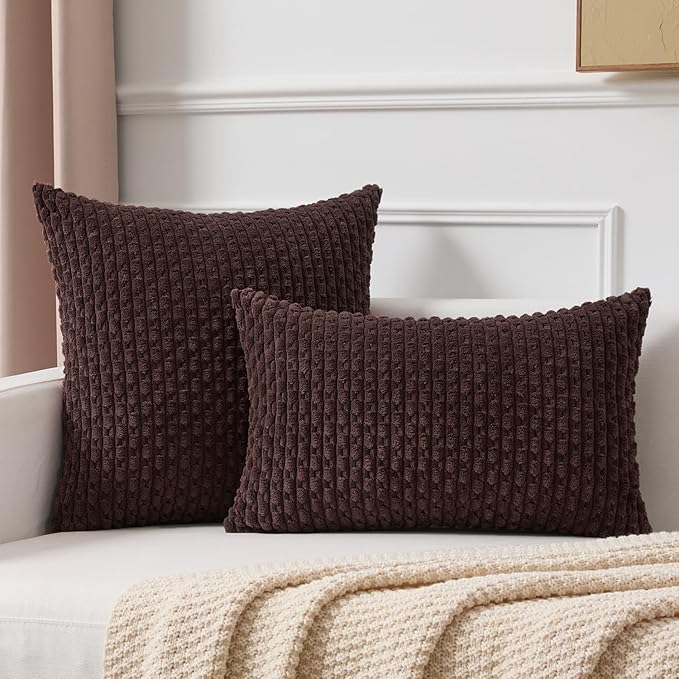 Kevin Textile 14x24 Inch Pillow Cover 1 Pack Boho Decorative Soft Striped Corduroy Lumbar Farmhouse Accent Rectangle Cushion Case for Living Room Couch Sofa Bed, Coffee