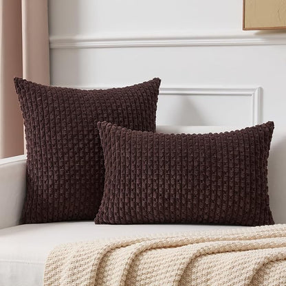 Kevin Textile Decorative Pillow Covers Set of 2 Striped Plush Corduroy Pillows Pillowcases Boho Home Decor Cushion Covers for Couch Sofa Bed Living Room 18x18 Inch, Coffee