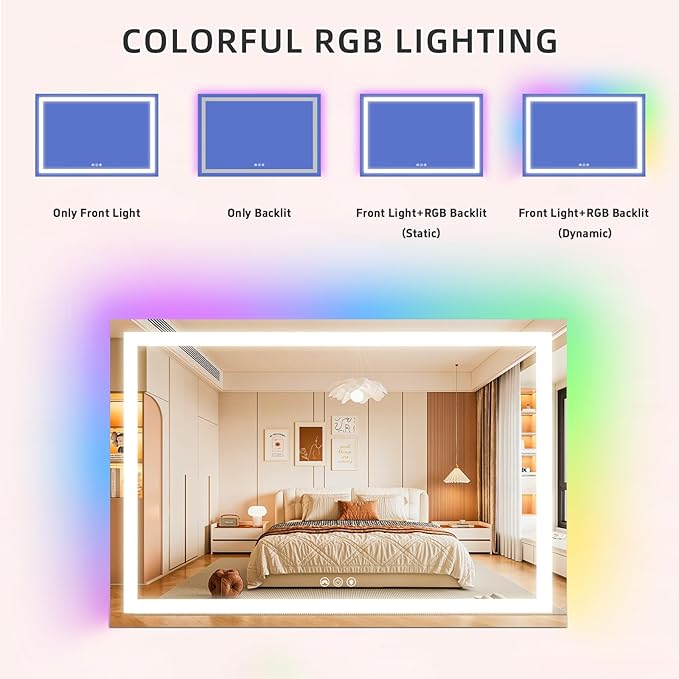 FENCHILIN Large Vanity Mirror with Lights 39"x32", RGB Backlit & Front Lit Hollywood Makeup Mirror, Shatterproof Tempered Glass, LED Strip 3 Color Modes, Smart Touch & Memory, Wall Mounted/Desk