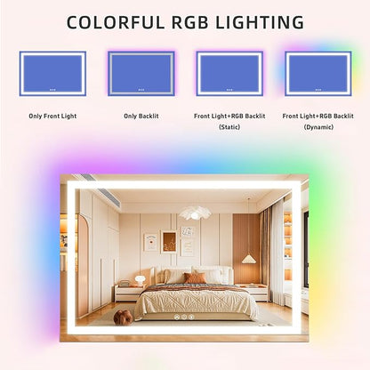 FENCHILIN Large Vanity Mirror with Lights 39"x32", RGB Backlit & Front Lit Hollywood Makeup Mirror, Shatterproof Tempered Glass, LED Strip 3 Color Modes, Smart Touch & Memory, Wall Mounted/Desk