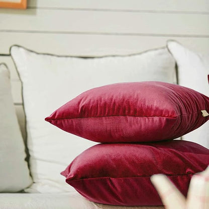 FY FIBER HOUSE Pack of 2 Velvet Throw Pillow Covers Christmas Decorative Square Pillowcase Soft Solid Cushion Case for Sofa/Couch Use, 18 x 18 Inch Red