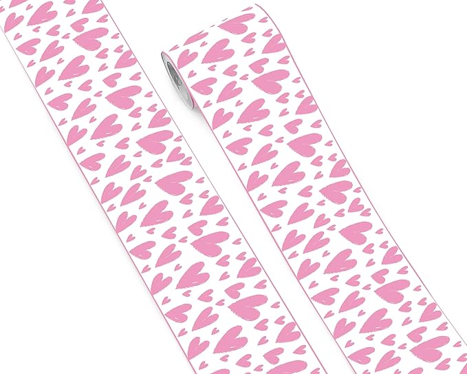 FLFK Pink Heart Wallpaper Border - Peel and Stick Wall Paper, Self Adhesive Removable PVC Borders Sticker, Modern Waterproof Trim for Home Decor, 5" x 240"