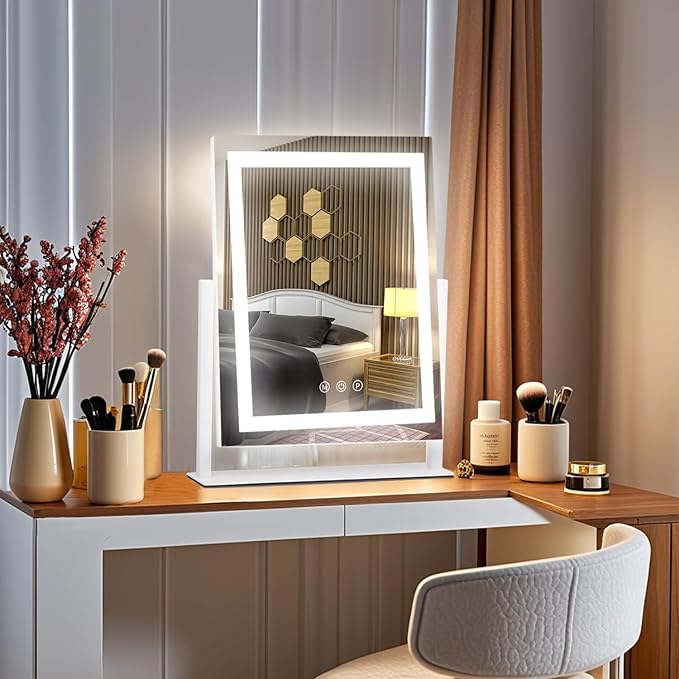 LED Vanity Mirror with Lights, Makeup Mirror with 3 Color Modes, Smart Touch Control, 360° Rotation for Desk,13.2" L x 11.2" W