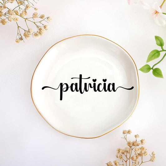 JoycuFF Patricia Personalized Name Ceramic Jewelry Tray, Mothers Day Christmas Anniversary Engagement Birthday Gifts for Women Couples, Trinket Dish for Rings Earrings Necklaces Bracelets Keys