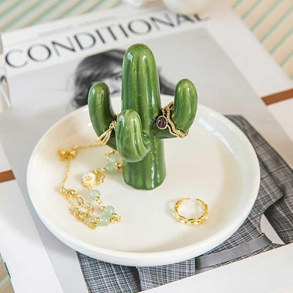 Cactus Ring Holder Dish, Ceramic Jewelry Tray Trinket Dish for Necklace Keychain Organizer, Cute Funny Birthday Wedding Mothers Day Gift for Women Friends Girls