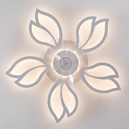 Ceiling Fan with Lights Remote Control, 26" White Low Profile Ceiling Fan with Light, Modern Leaf Geometric Flush Mount Ceiling Fan for Kitchen Bedroom